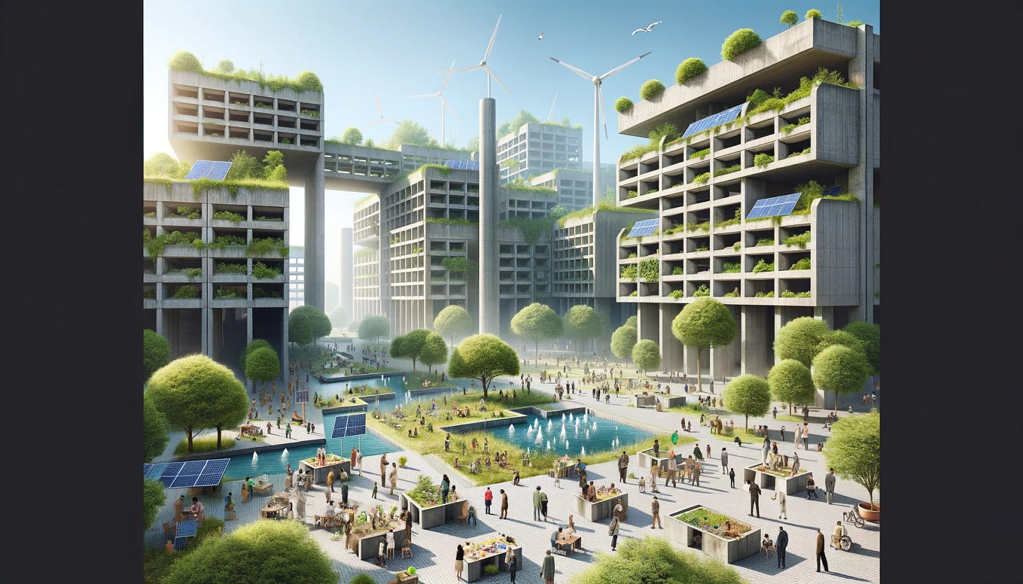 Visualize a just transition in society, inspired by brutalist architecture, symbolizing fairness, equality, and environmental sustainability. The scene is an urban environment where nature is reclaiming space, with large, geometric concrete structures characteristic of brutalism softened by greenery. Solar panels and wind turbines integrate seamlessly into the buildings, representing renewable energy sources. People of diverse backgrounds are interacting harmoniously, engaged in community activities like planting trees and educational workshops. The atmosphere is one of hope and collaboration, with a clear blue sky indicating clean air, and the presence of clean water features like fountains or streams. The overall composition balances the stark, bold lines of brutalist architecture with the organic forms of nature, illustrating a future where human and environmental needs are met equitably.