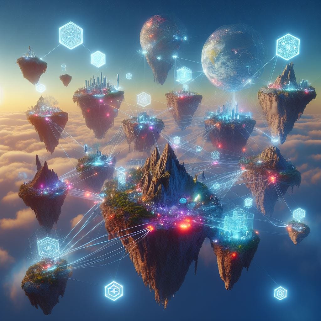 "A series of floating islands, each displaying unique terrains (representing different blockchains), connected by ethereal light bridges.