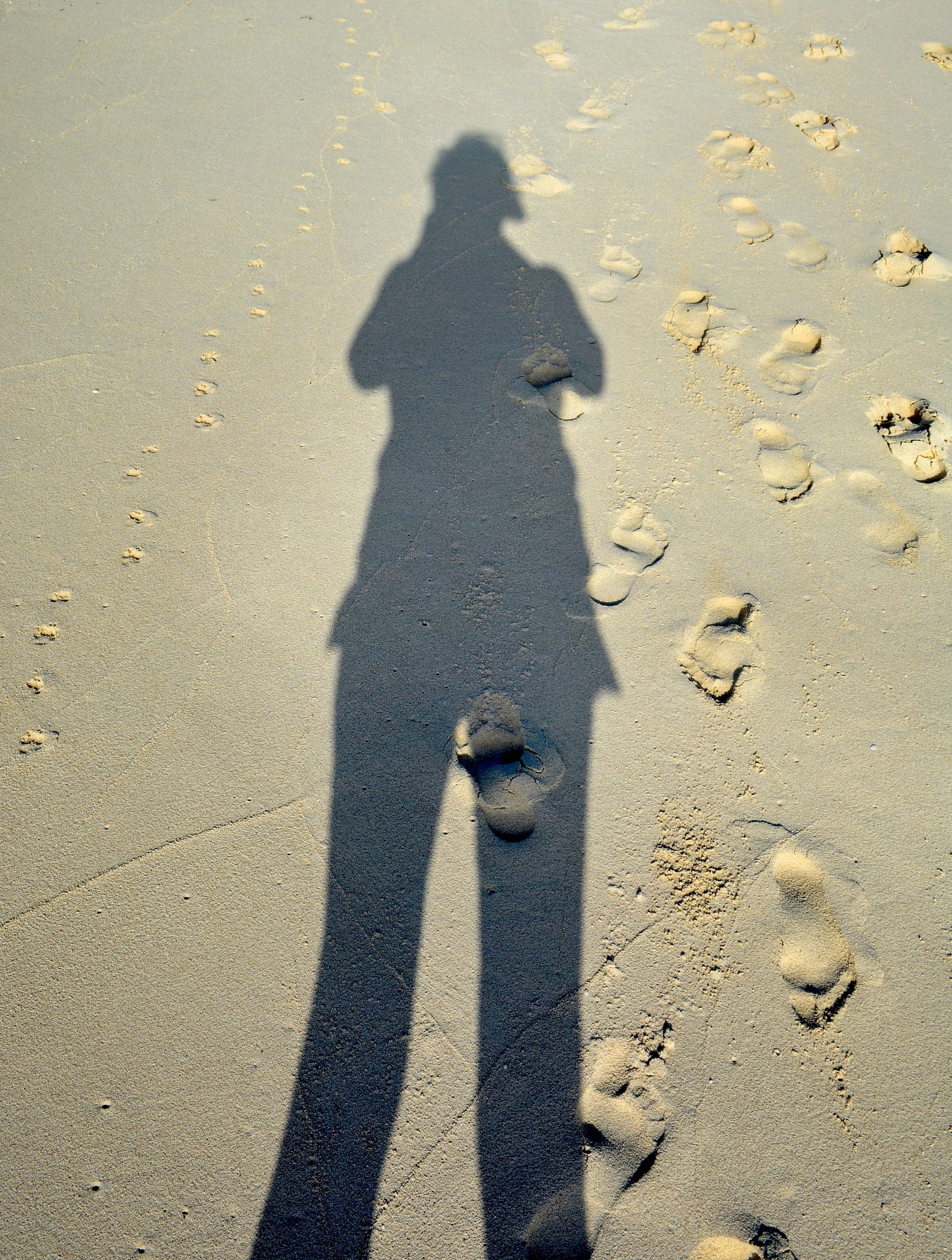The shadow of a woman staning on the the sandy shore, footprints next to her shadow
