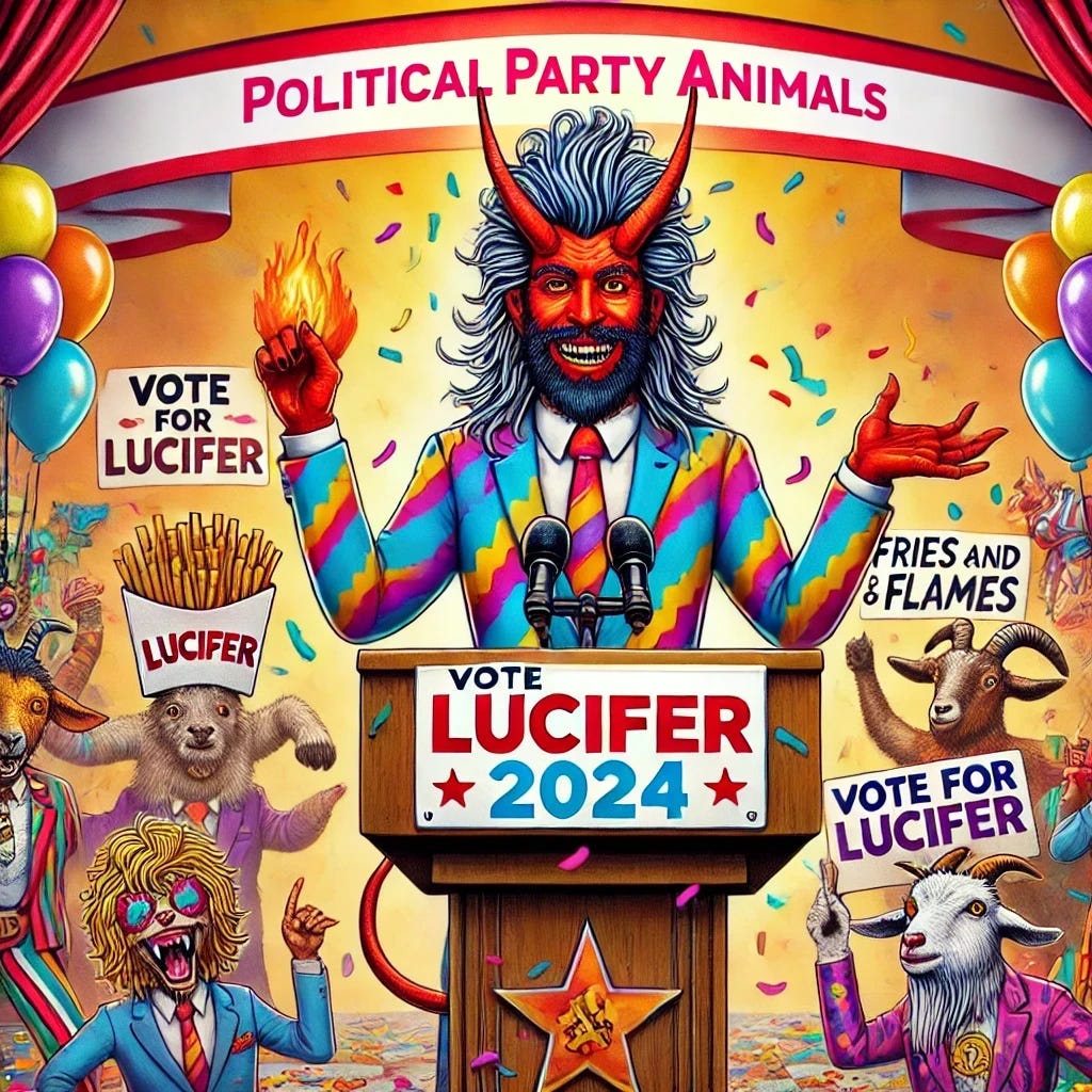 A satirical and playful image for a press release, featuring Lucifer as a devilish figure with a mullet and beard, wearing a colorful suit. He is standing at a podium labeled 'Political Party Animals' with a chaotic, fun backdrop. In the background, party animals like dogs, cats, and goats in costumes are dancing, throwing confetti, and holding signs that say 'Vote for Lucifer' and 'Fries and Flames 2024.' The whole scene has a lighthearted, party-like atmosphere with bright colors and a humorous tone.