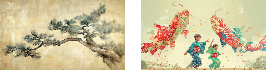 Traditional Chinese brush painting of an ancient gnarled pine tree, accompanied by a vibrant scene of children playing with giant, colorful shrimp, evoking a playful and fantastical atmosphere.