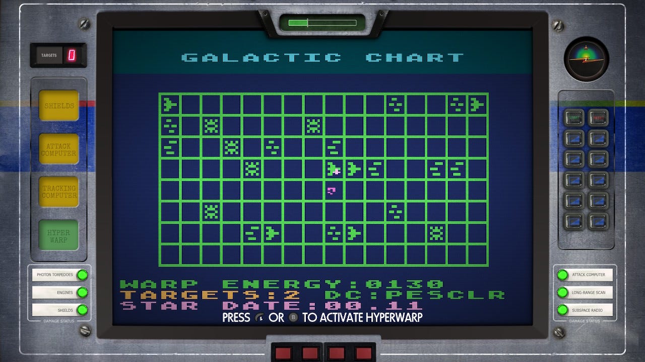 A screenshot from Star Raiders, with its Galactic Chart on the Commander difficulty. The locations of enemy ships and allied stations are shown on a grid. There are loads of them, as it's the highest difficulty.