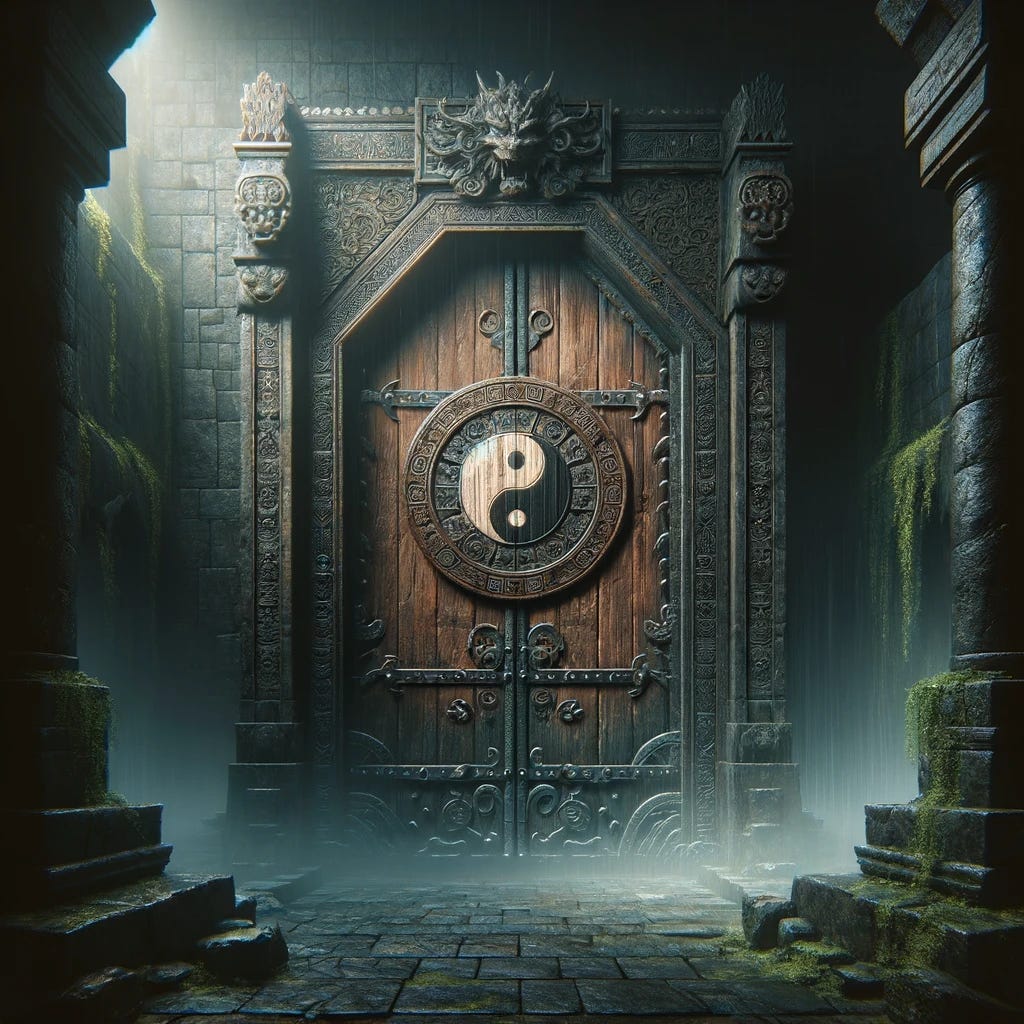 Illustrate a massive medieval door set within a dark, atmospheric setting. The door, crafted from aged, dark wood, features a prominent engraving of the Yin & Yang symbol at its center, symbolizing balance amidst darkness. Surrounding the door are towering stone walls, covered in ivy and moss, adding to the ancient and mysterious vibe. The light is dim, with only a few rays piercing through the thick fog, highlighting the intricate details of the door and the Yin & Yang carving. The overall mood is eerie and foreboding, evoking a sense of ancient mysticism and the unknown.