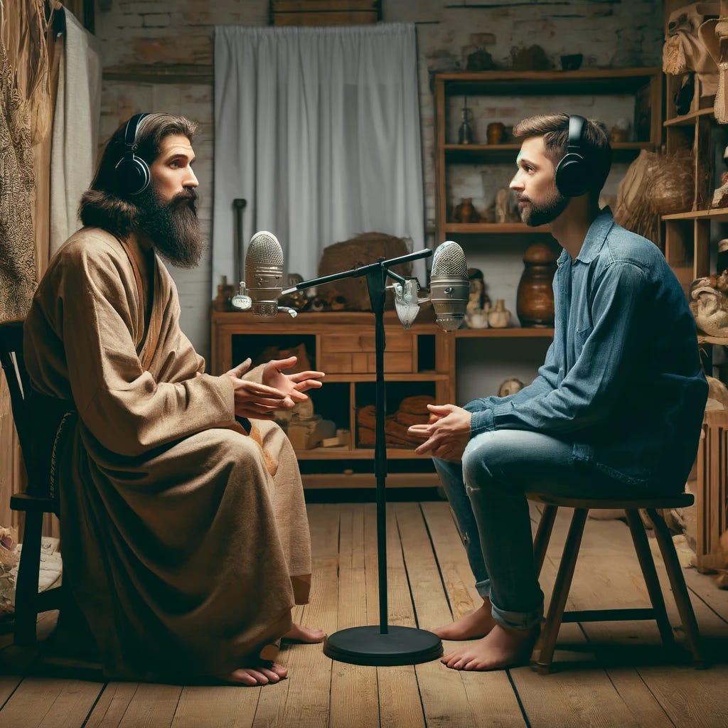 A scene depicting a historical figure with long hair and a beard, dressed in traditional robes, engaging in a thoughtful discussion with a modern-day individual, who is dressed in casual contemporary attire. They are seated in a cozy, yet simple room that suggests a setting for deep conversations and podcast recordings, with microphones in front of them and headphones on. The background includes shelves filled with books and various objects that hint at a blend of ancient wisdom and modern technology. This image captures the essence of a timeless dialogue between the wisdom of the past and the inquiries of the present.