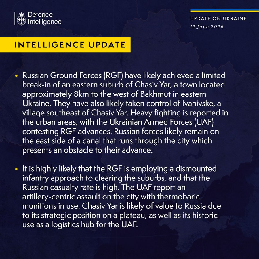 Russian Ground Forces (RGF) have likely achieved a limited break-in of an eastern suburb of Chasiv Yar, a town located approximately 8km to the west of Bakhmut in eastern Ukraine. They have also likely taken control of Ivanivske, a village southeast of Chasiv Yar. Heavy fighting is reported in the urban areas, with the Ukrainian Armed Forces (UAF) contesting RGF advances. Russian forces likely remain on the east side of a canal that runs through the city which presents an obstacle to their advance.

It is highly likely that the RGF is employing a dismounted infantry approach to clearing the suburbs, and that the Russian casualty rate is high. The UAF report an artillery-centric assault on the city with thermobaric munitions in use. Chasiv Yar is likely of value to Russia due to its strategic position on a plateau, as well as its historic use as a logistics hub for the UAF.