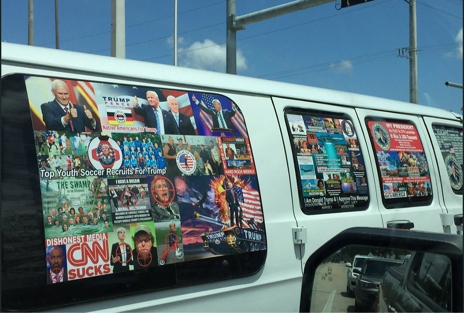 Van covered with Trump stickers