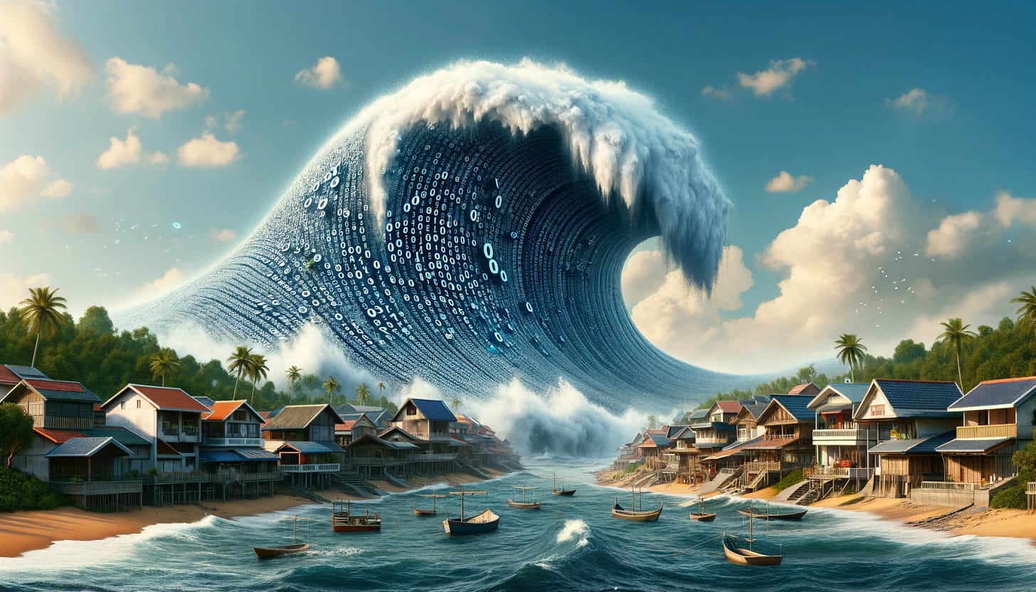 A digital art depiction of a massive, surreal tsunami, shaped like a giant wave of ones and zeros, crashing into a small, quaint coastal town. The town is peaceful with traditional houses, small shops, and a few palm trees. The sky is clear blue with a few scattered clouds. The ocean is calm except for the gigantic digital wave looming over the town, symbolizing the overwhelming force of AI technology. This scene combines a serene, traditional coastal setting with the powerful, abstract concept of a digital wave.