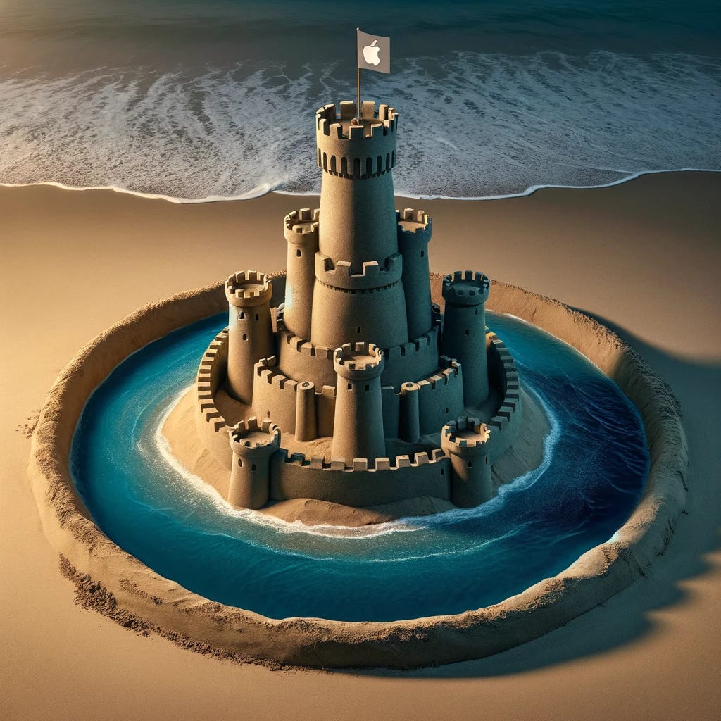 A sandcastle built on the beach, surrounded by a distinct moat filled with water, symbolizing a strong business MOAT. The castle is not touching the sea but is set back on the sand, with the moat clearly separating it from the surrounding environment. The highest tower of the castle prominently displays the Apple logo, representing the brand's dominance. The scene captures the essence of strategic defense and resilience in a competitive market.
