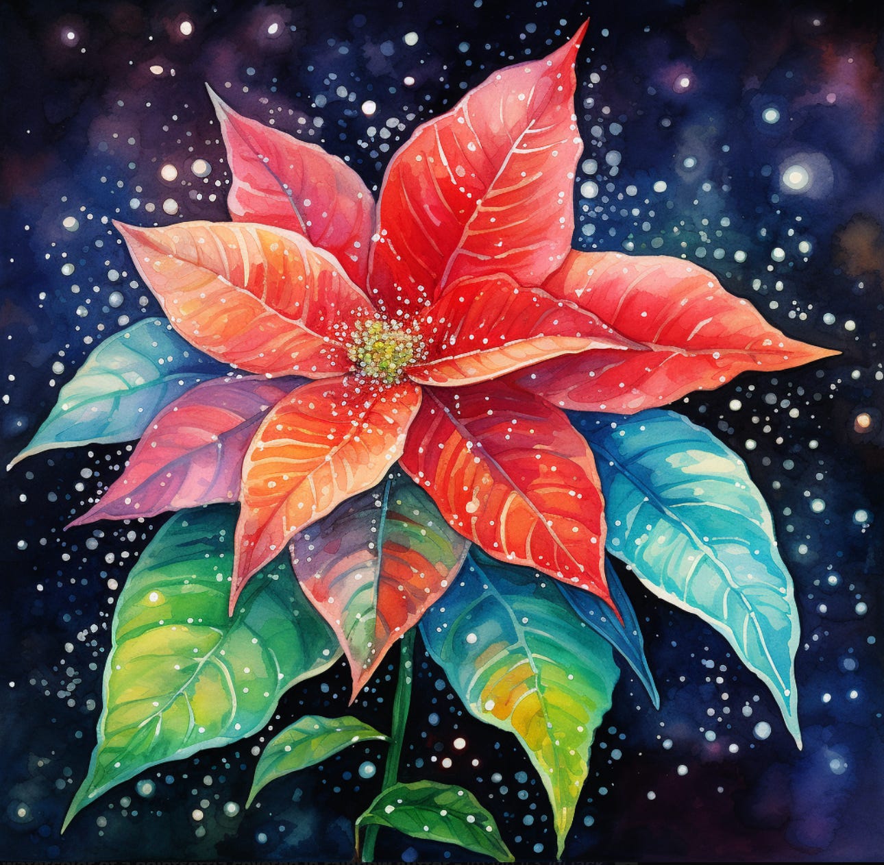 watercolor of a poinsettia plant flocked in glitter