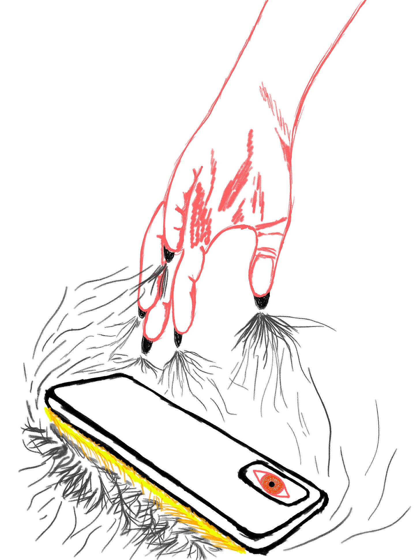 A hand-drawn hand (red) facing down, slightly out-stretched, appears to be dropping a mobile phone. Black lines almost like electricity are coming out from the fingertips and forming around the mobile phone.