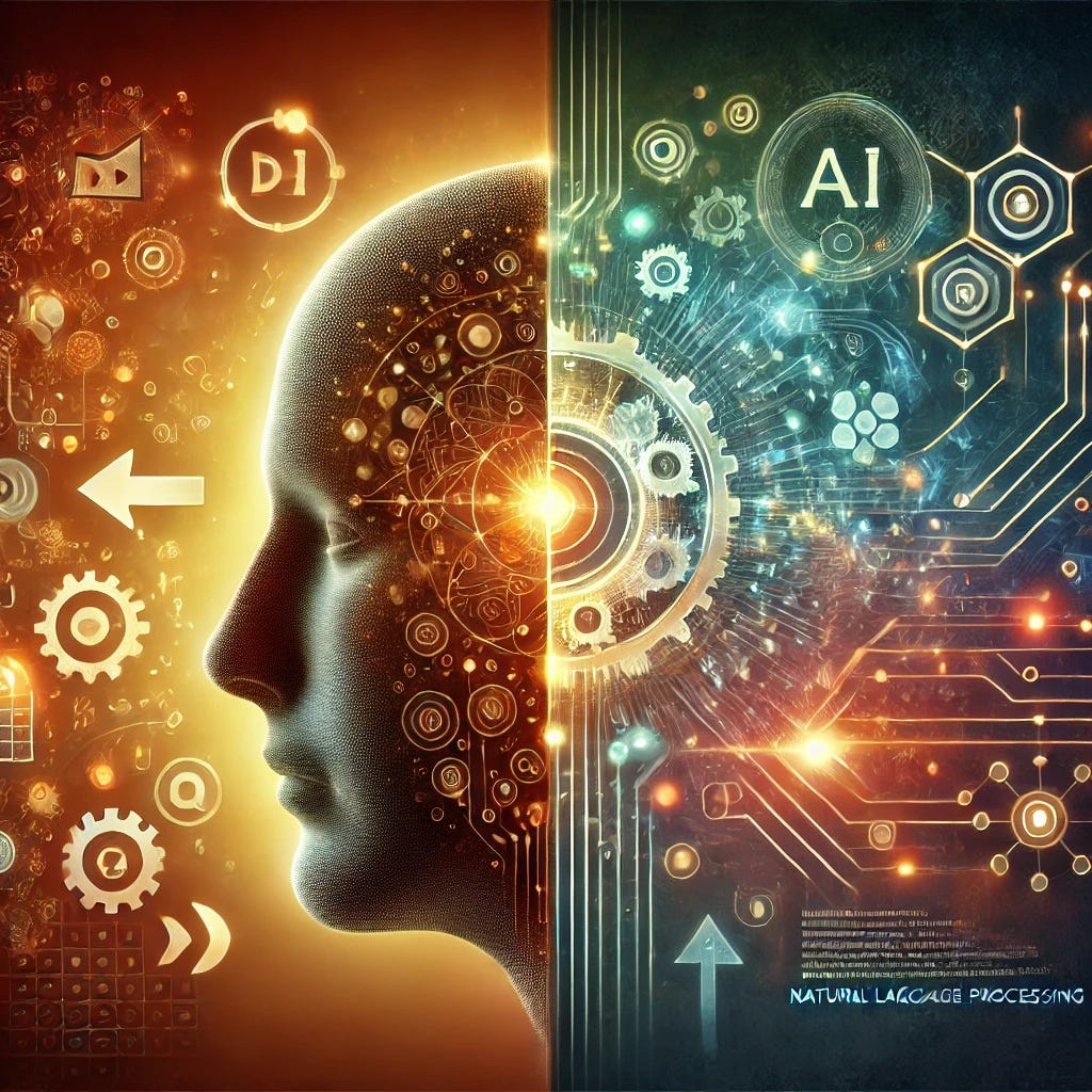 A compelling image illustrating the duality of NLP (Neuro-Linguistic Programming and Natural Language Processing) and its influence on human thought and behavior. On one side, a human head with subtle communication symbols—speech bubbles, arrows, and gears—representing Neuro-Linguistic Programming's techniques for altering thought patterns. On the other side, a glowing AI interface with digital code, circuits, and abstract machine elements, symbolizing Natural Language Processing in AI. The background has a gradient blend of warm, inviting tones on the human side, and cool, technical tones on the AI side, with a faint image of a brain in the middle symbolizing the mind's control. Subtle imagery like a 'subscribe' button or a notification icon can be subtly incorporated to reflect modern influence through technology.