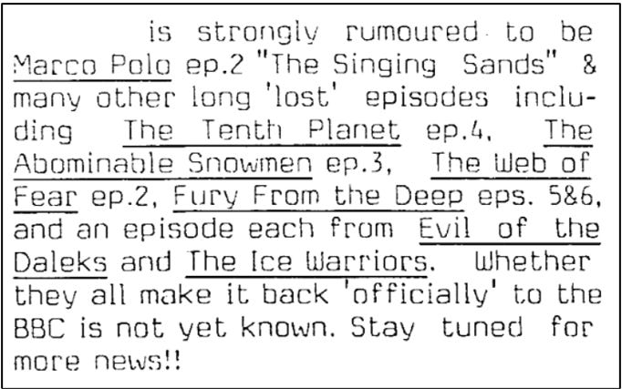 Fanzine cutting suggesting a recovered episode may be one of a number of rumoured candidates including The Singing Sands, The Tenth Planet episode four and one part of The Evil of the Daleks.