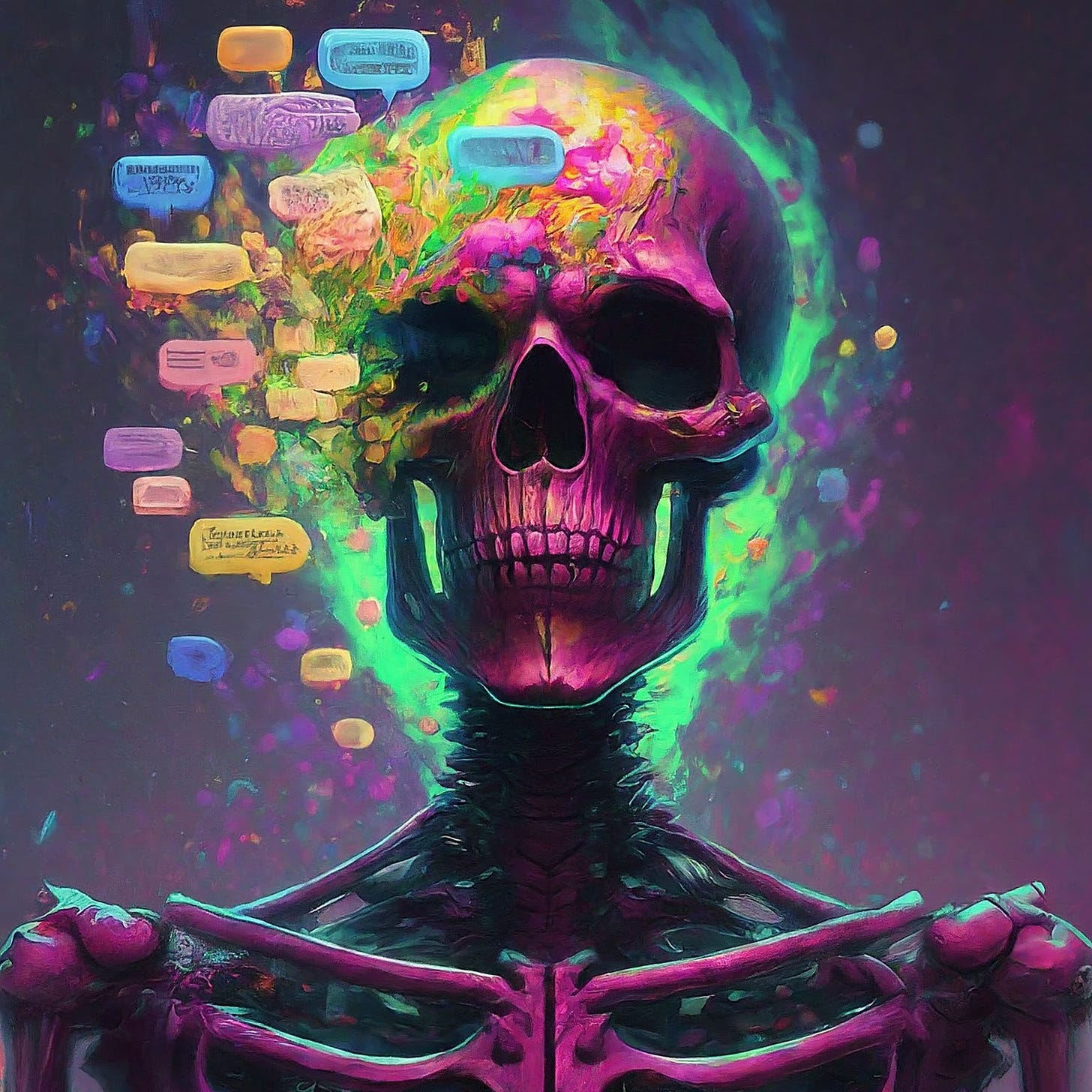 Purple neon skeleton with colorful text blurbs around its head. Green ethereal light in the background.