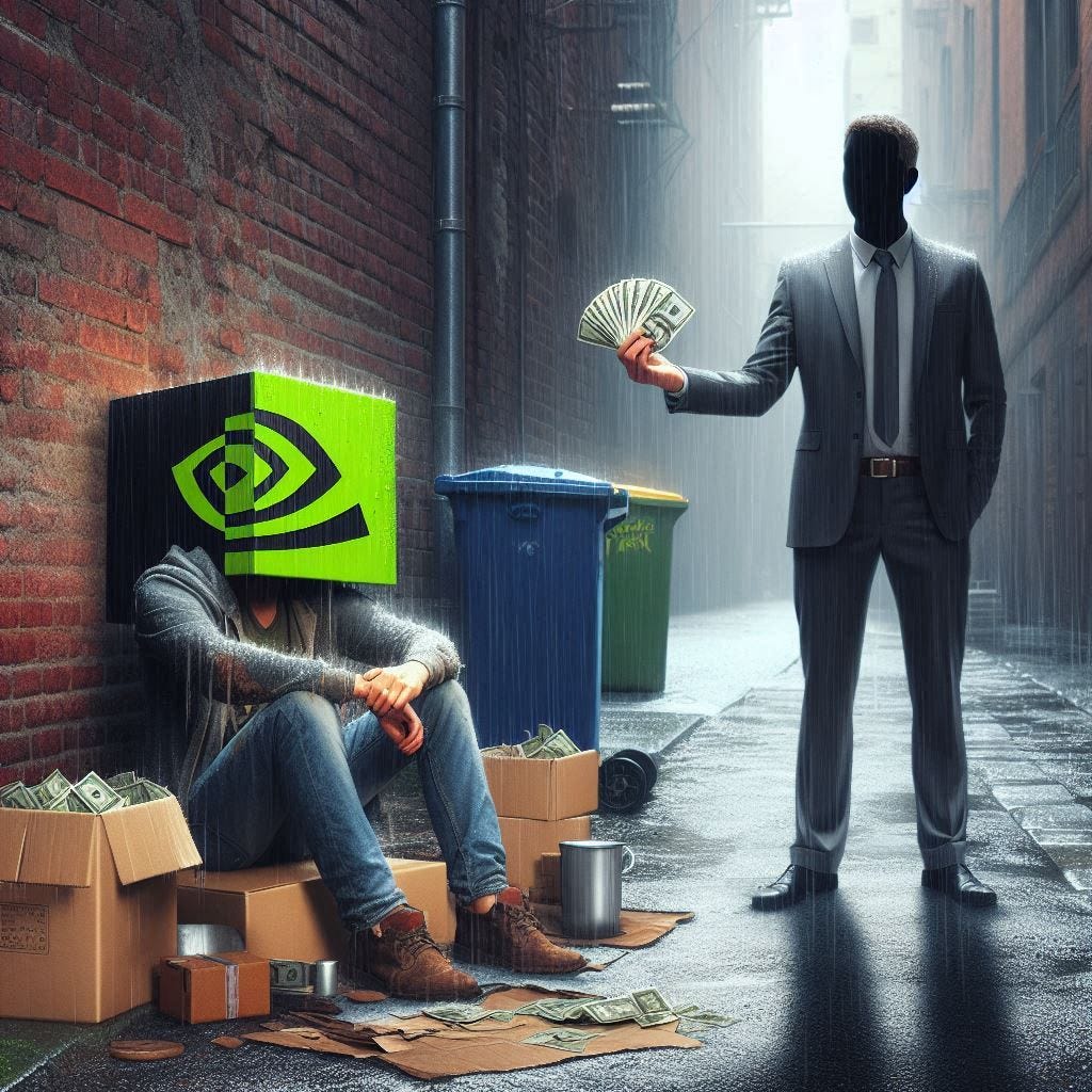 An anthropomorphic human representation of NVIDIA sitting in a alleyway in the rain by some cardboard boxes and bin, looking homeless and disheveled, with a man standing above them holding a fistfull of cash, in a suit, and somehow there is no rain on this man, but a ray of sunlight to signify he is the saviour of the disheveled Nvidia "man"