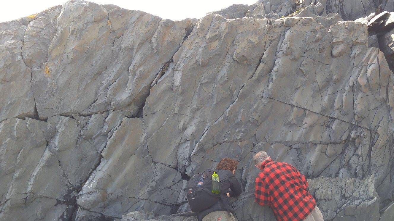 Two men investigate a grey sandstone cliff.