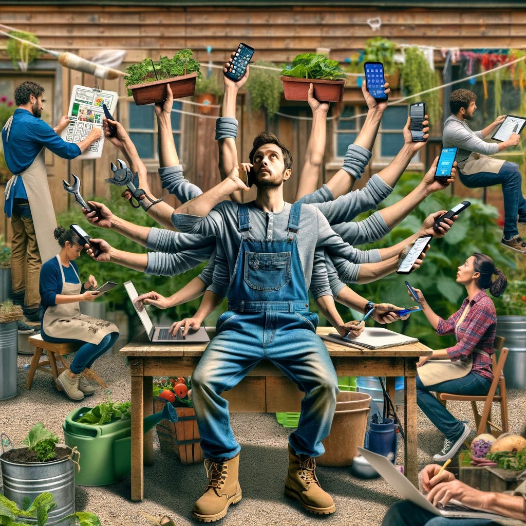 Modify an image of a nonprofit worker in a community garden setting, with multiple arms performing various tasks. The person should have at least eight arms. Replace all tasks involving gardening with the person holding different smartphones. One arm is holding a smartphone to the ear, another is texting on a phone, a third is checking emails on another phone, a fourth is talking to a group of volunteers, a fifth is writing in a notebook, a sixth is designing flyers on a laptop, a seventh is filming a promotional video with a camera, and the eighth is holding another smartphone checking social media. The background should mix a vibrant community garden with an outdoor office space, emphasizing the multitasking nature of nonprofit work.