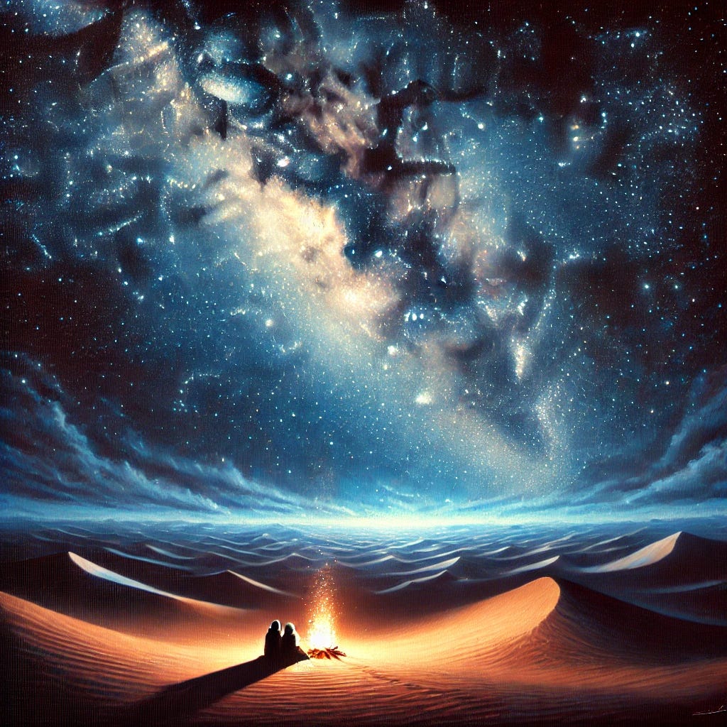 An oil painting of a vast desert night under a breathtaking Milky Way sky. The stars stretch endlessly, casting a soft glow over the dunes. In the foreground, a small campfire flickers, illuminating two figures sitting close together—one holding a notebook, the other gazing upward in awe. The firelight casts long shadows, blending with the cosmic blues and purples of the sky. There is a sense of both wonder and unease as if the universe itself is watching.