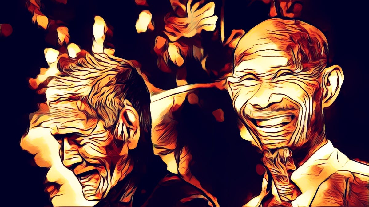 "Friends Out of Time." Dark illustration of two elder gentlemen sharing a laugh.