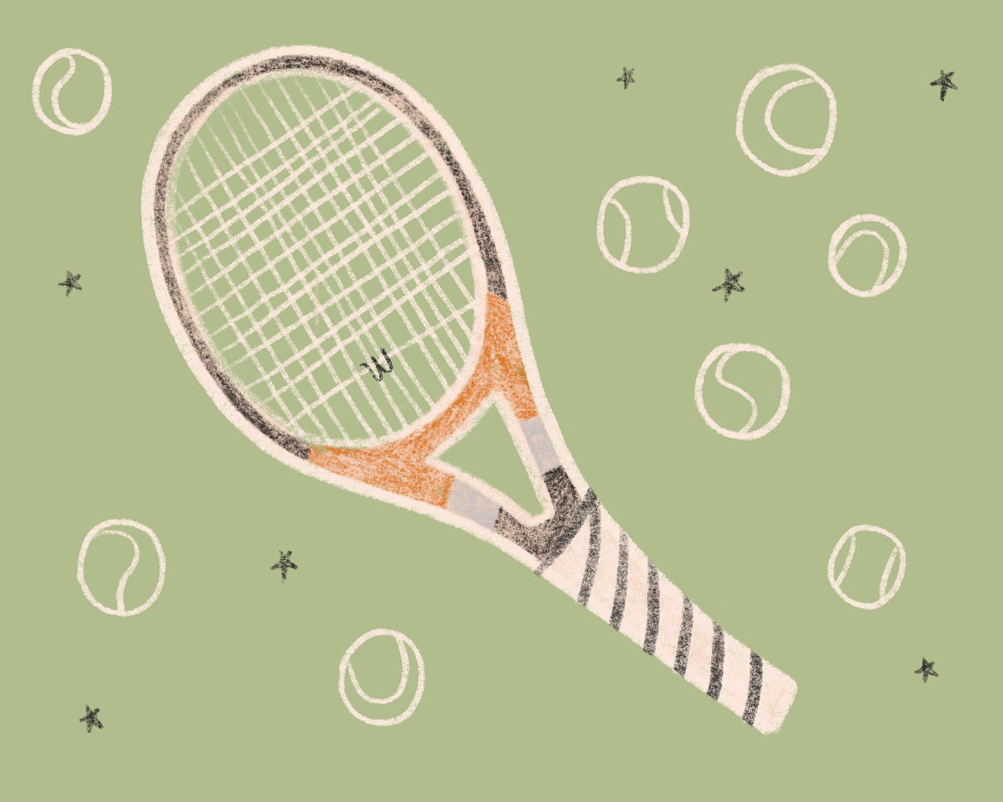 a cream, black and orange tennis racket with white strings and white grip tape floating on a light green background. in the background are black stars twinkling and the outlines of tennis balls in cream