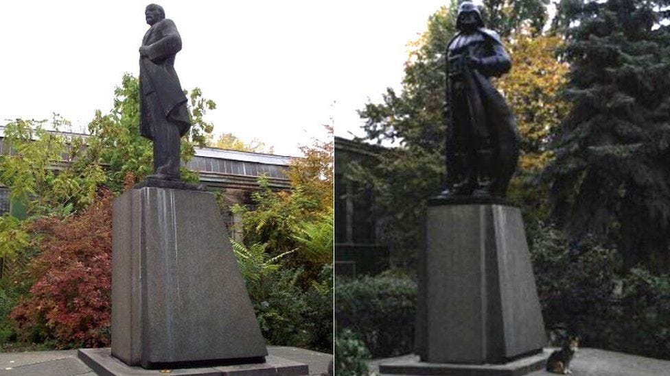 A composite image showing the new Darth Vader statue on the right and the old Lenin statue on the left