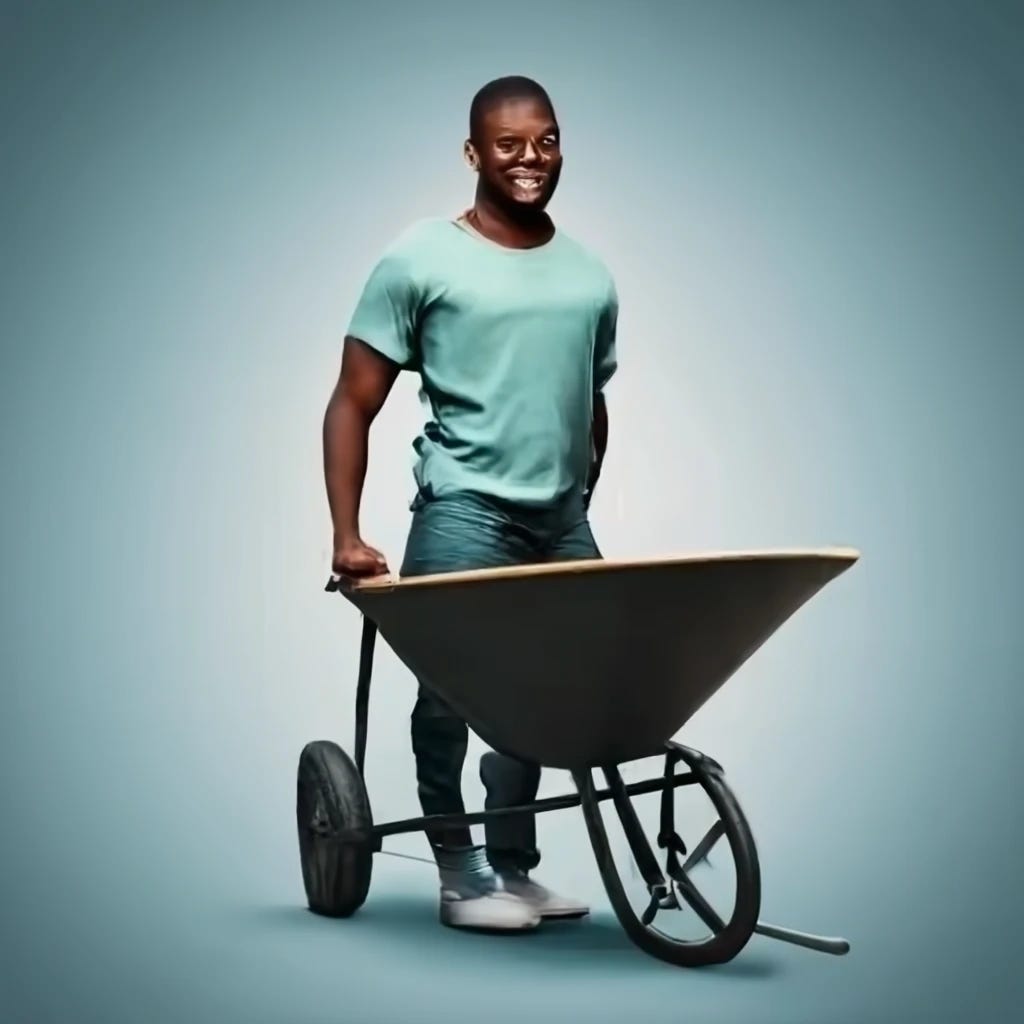 black man smiling pushing wheelbarrow