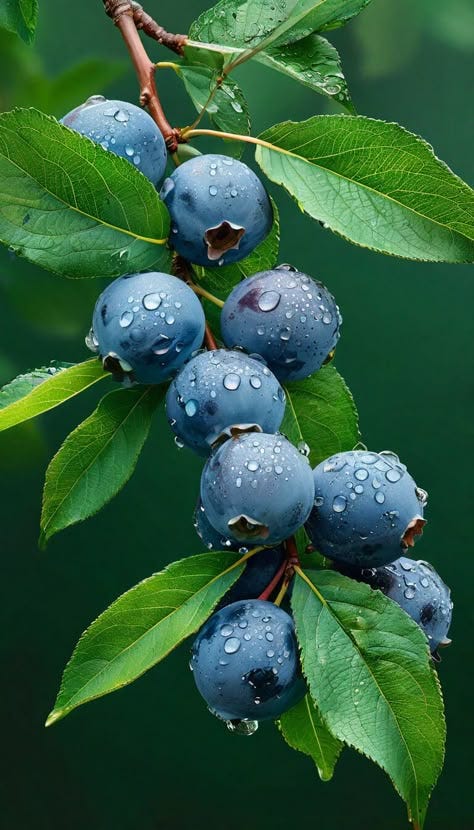 This may contain: blue berries with water droplets on them hanging from a branch
