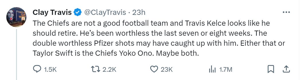Clay Travis tweet: “The Chiefs are not a good football team and Travis Kelce looks like he should retire. He’s been worthless teh last seven or eight weeks. The double worthless Pfizer shots may have caught up with him. Either that or Taylor Swift is the Chiefs Yoko Ono. Maybe both.” 
