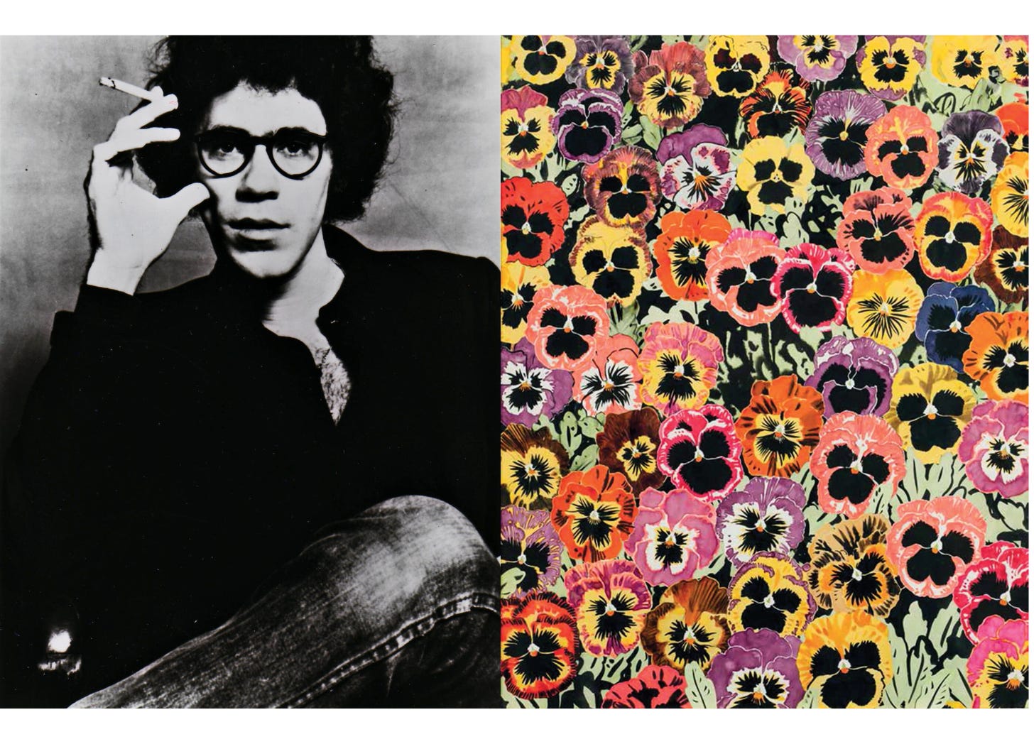 Black and white portrait of artist Joe Brainard beside his notable watercolor and collage painting, Pansies (1968). 