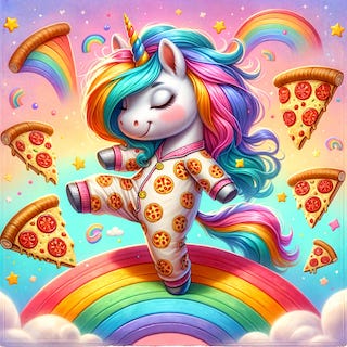 An Ai generated image that shows a fluffy unicorn dancing on rainbows wearing pajamas made of pizza slices