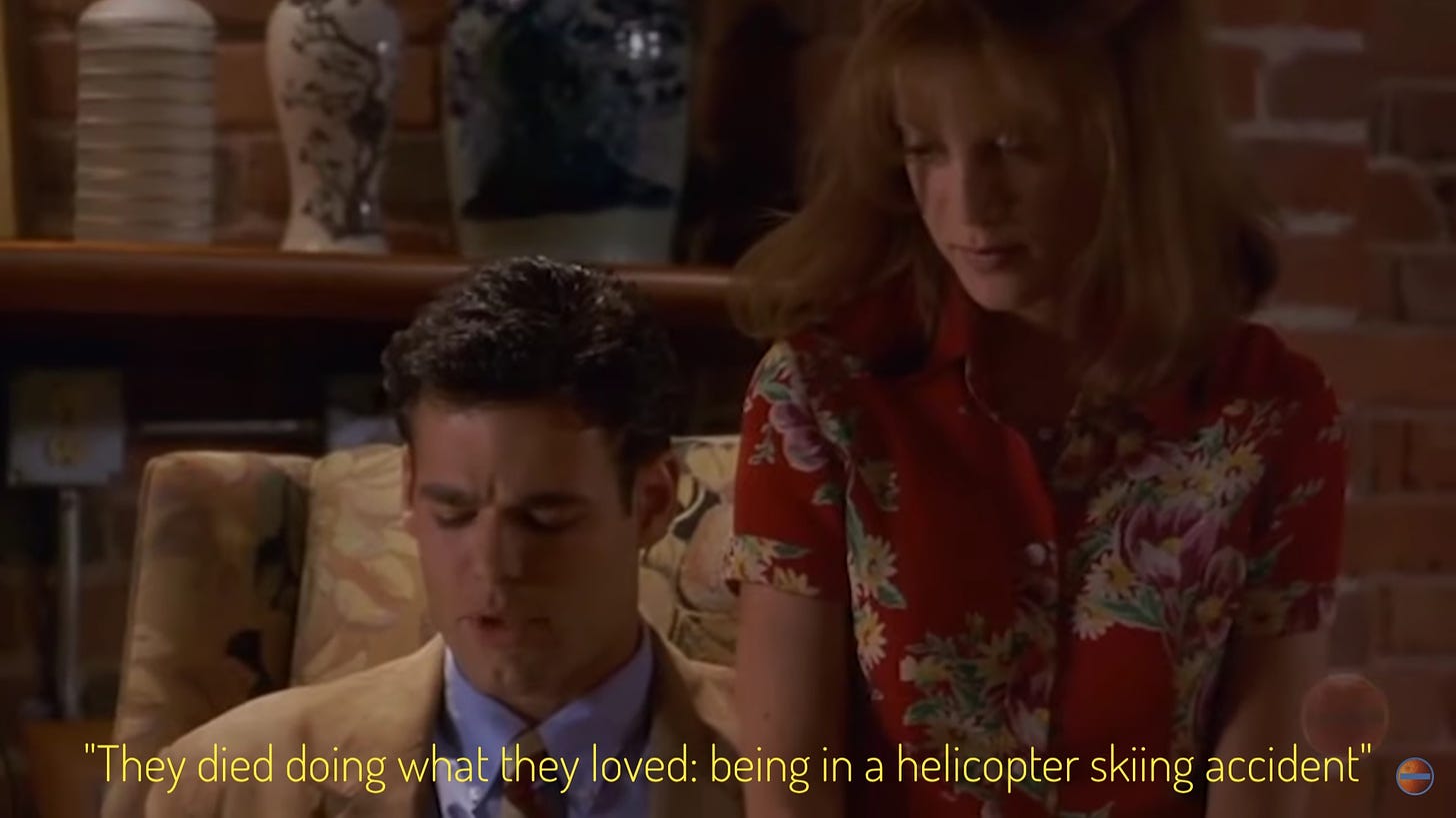 Laurel, a brunette with bangs and a floral top, sitting next to Kevin, a white man in a tan suit, captioned "They died doing what they loved: being in a helicopter skiing accident"