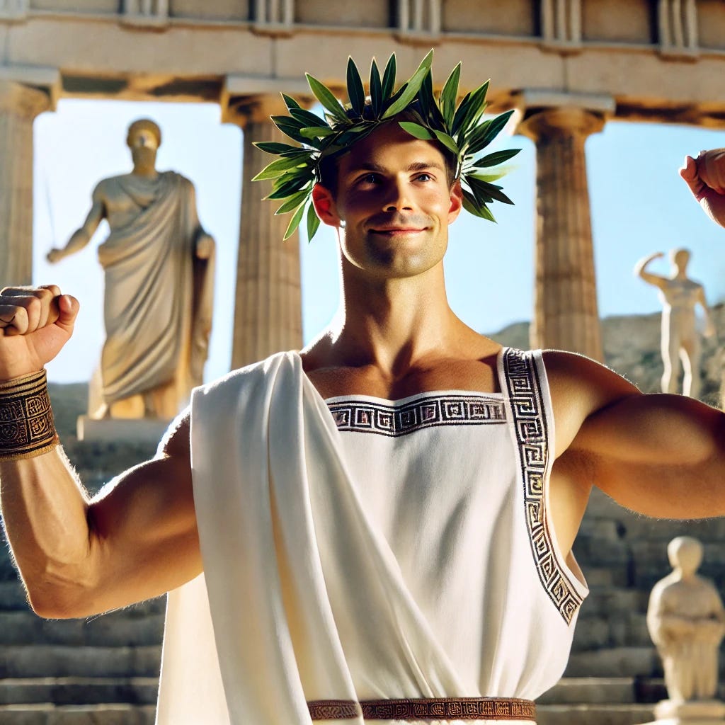 An ancient Greek athlete standing proudly, wearing a white tunic and a victor's wreath of olive leaves over his head. His muscular physique reflects his training and success in athletic competition. He stands in a classical Greek stadium with marble columns and statues in the background, as spectators cheer from the stands. The scene captures the honor and glory of ancient Greek athletics, with bright sunlight illuminating the athlete and his victorious expression.