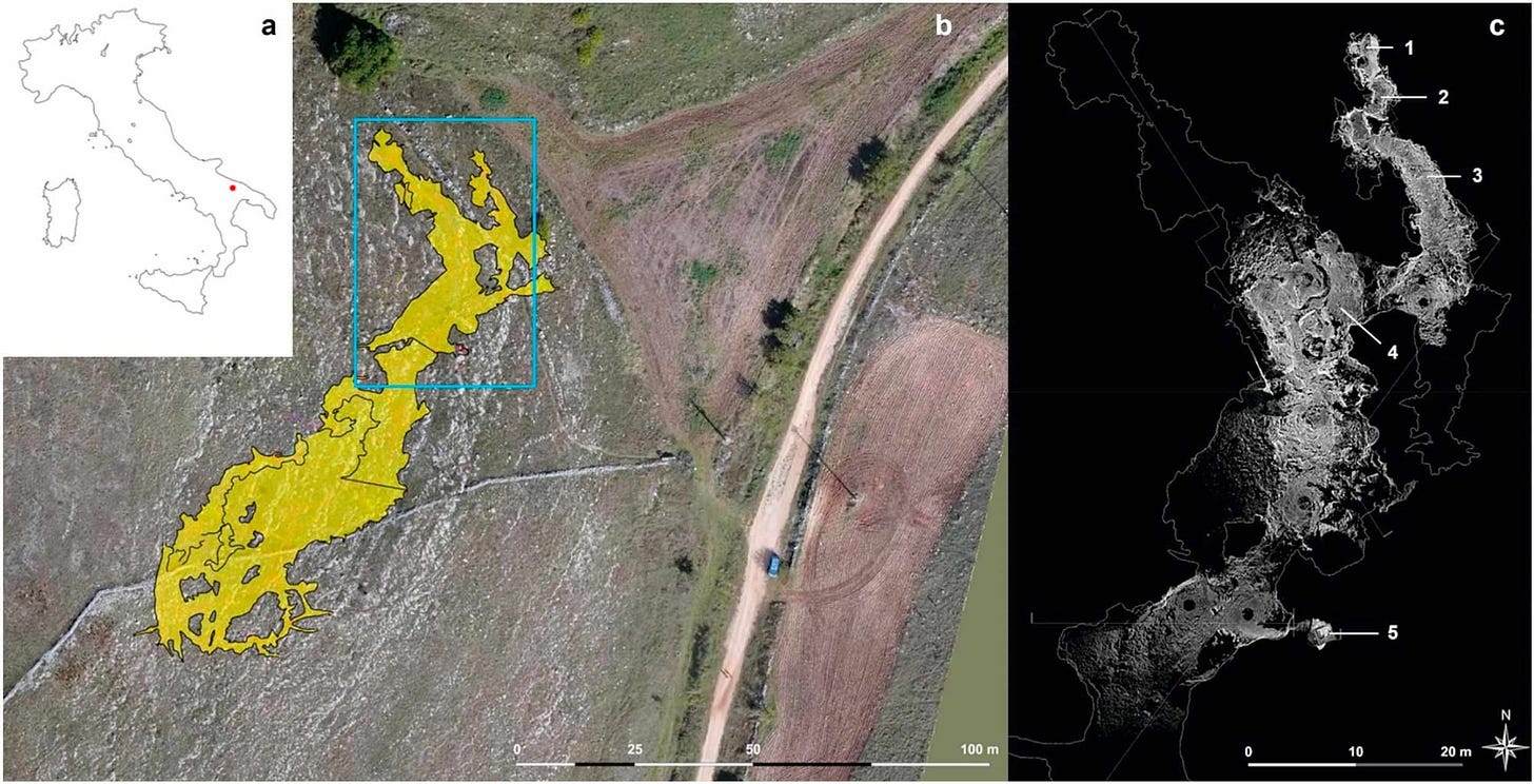 Three panels. At left is a map of Italy with star indicating location of the Lamalunga Cave. At center is a map of the cave outline shown superimposed on the overlying landscape view. At right is a point cloud showing areas of the cave near the hominin skeleton. Three panels. At left is a map of Italy with star indicating location of the Lamalunga Cave. At center is a map of the cave outline shown superimposed on the overlying landscape view. At right is a point cloud showing areas of the cave near the hominin skeleton.