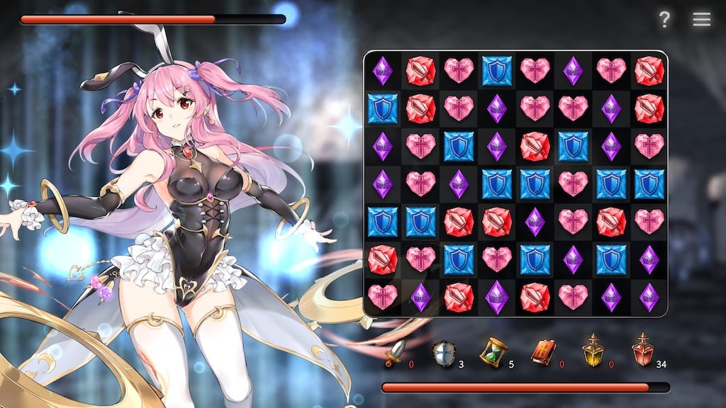 Pink-haired bunny girl on the left; Match-3 grid on the right