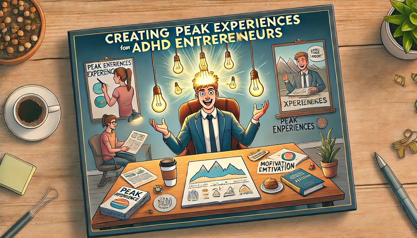 A rectangular illustration for a humorous guide on creating peak experiences for ADHD entrepreneurs. Show an energetic entrepreneur experiencing a peak moment, with bright, glowing lightbulbs around their head symbolizing inspiration and clarity. The desk is tidy, with neatly organized business papers, a coffee cup, and a glowing aura around the entrepreneur, indicating focus and motivation. In the background, include subtle, playful details like a cheerful figure holding a plate of snacks, a comfortable chair, and a motivational poster emphasizing success and achievement. The style should be modern, fun, and focus on the concept of peak experiences without any cultural or religious references.