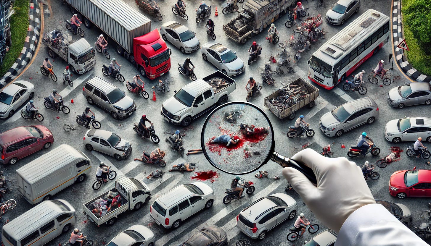 A chaotic city scene filled with heavy traffic, including large pickups, SUVs, distracted pedestrians, motorcyclists, and bicyclists on the street. The scene shows collisions and chaos with blood on the streets. In the foreground, a person in a lab coat holds a large magnifying glass, examining the entire scene from above, symbolizing a study or investigation into 'traffic violence'. The person is pointing the magnifying glass towards the center of the chaos, highlighting the intense and dangerous traffic situation.