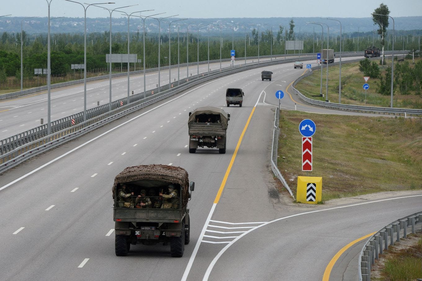 A column of Wagner mercenary group troops heads toward Moscow on the M4 highway Saturday near Voronezh. (Stringer/Reuters)