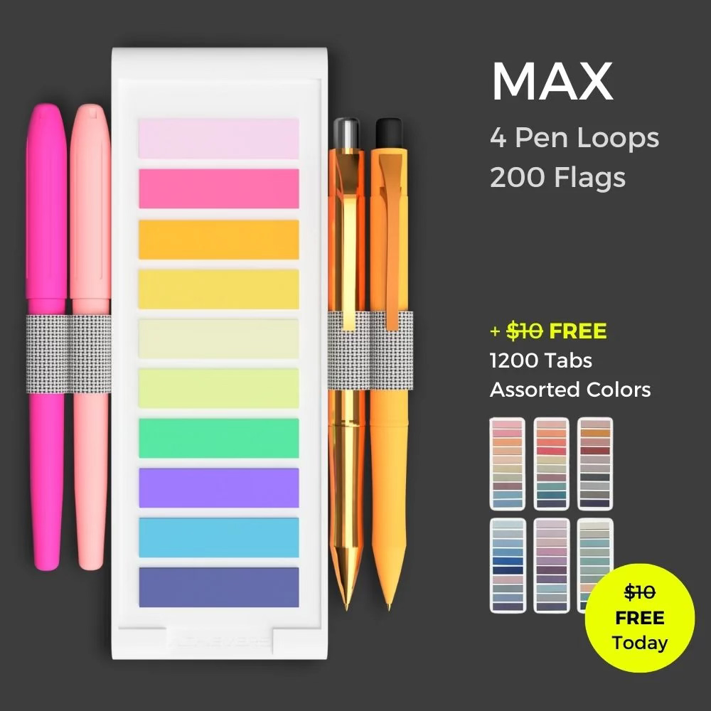 a while plastic annotation kit with page flags and elastic loops to hold pens and highlighters