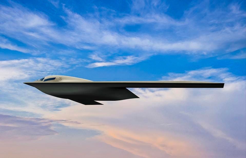 The Air Force's next-generation bomber flying against a sunrise background. 