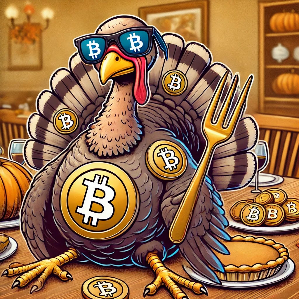 A hilarious cartoon-style depiction of a turkey with Bitcoin-themed elements. The turkey has Bitcoin logos on its feathers, wearing sunglasses, and holding a golden fork (a nod to Bitcoin forks) in one wing. The scene is festive with a Thanksgiving table in the background, complete with pumpkin pies and other holiday decor. The turkey exudes a confident and cool demeanor, making it both funny and memorable.