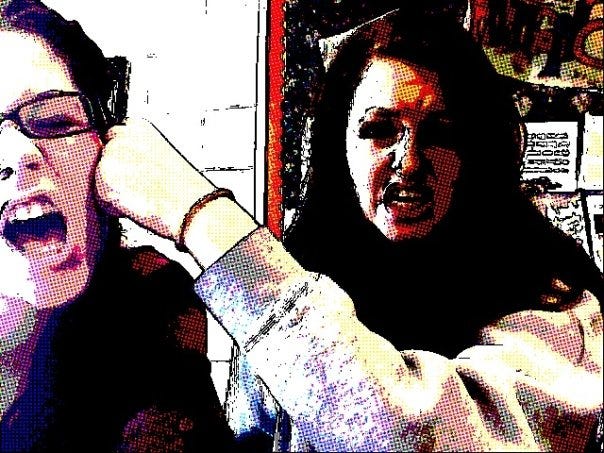 author and friend in comic book cartoony filter; author is pretending to punch friend