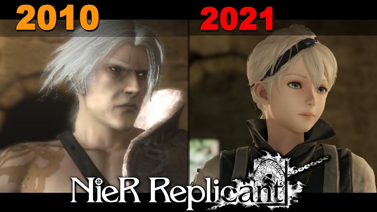 A side-by-side comparison of what the protagonists of NieR (2010) and its remake (2021) look like, with one an older man, the other a young one.