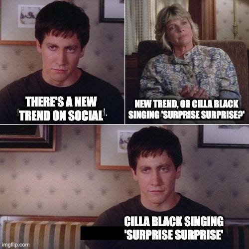 "A four-panel meme with two alternating images. The top left panel shows a man with a skeptical expression, captioned 'THERE'S A NEW TREND ON SOCIAL!'. The top right panel shows a woman, presumably Cilla Black, looking amused and is captioned 'NEW TREND, OR CILLA BLACK SINGING 'SURPRISE SURPRISE'?'. The bottom left panel repeats the image of the man with the same skeptical expression. The bottom right panel repeats the image of the woman, with the caption 'CILLA BLACK SINGING 'SURPRISE SURPRISE''.