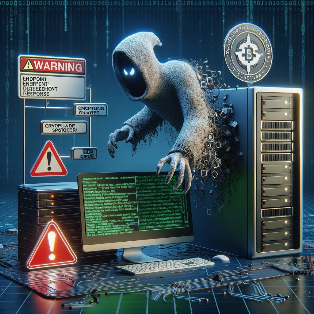 A 3D representation of a menacing ghost-like figure made of code and digital elements, representing GHOSTENGINE, hovering over a computer or server. The ghost should appear to be infiltrating the system, symbolizing cryptojacking. The environment should include elements like warning signs, binary code, and an EDR (Endpoint Detection and Response) system struggling to combat the ghost. The scene should convey a sense of danger and urgency.