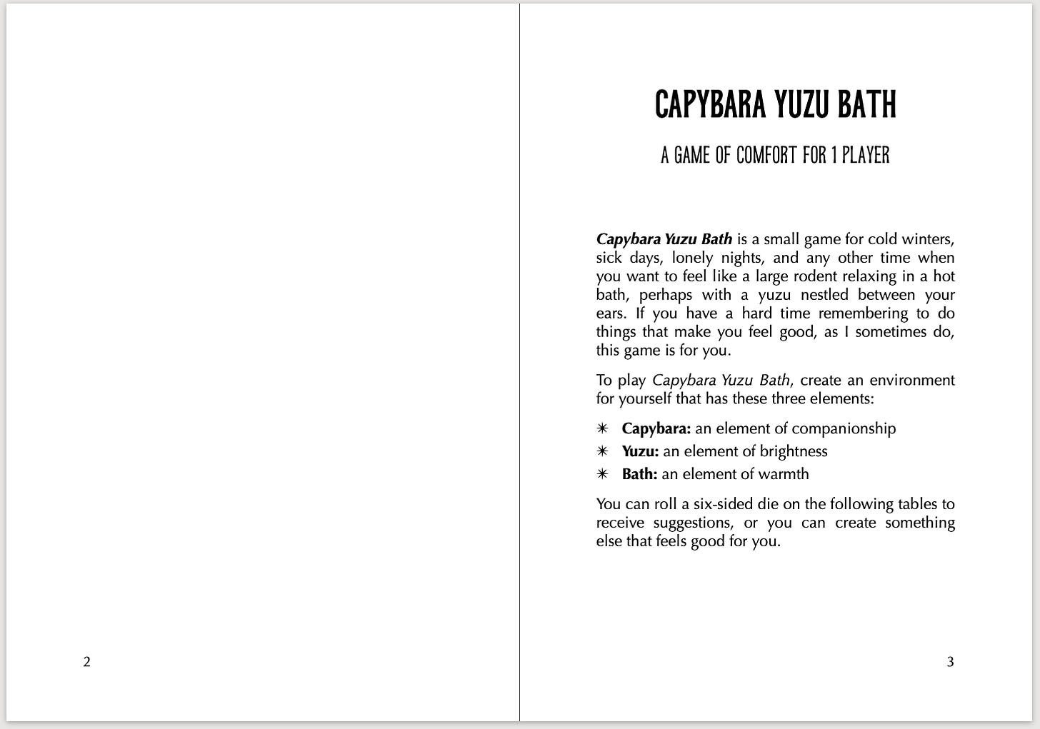 The same first page spread of Capybara Yuzu Bath. There is no art, and the pages are smaller. The text is only in black.