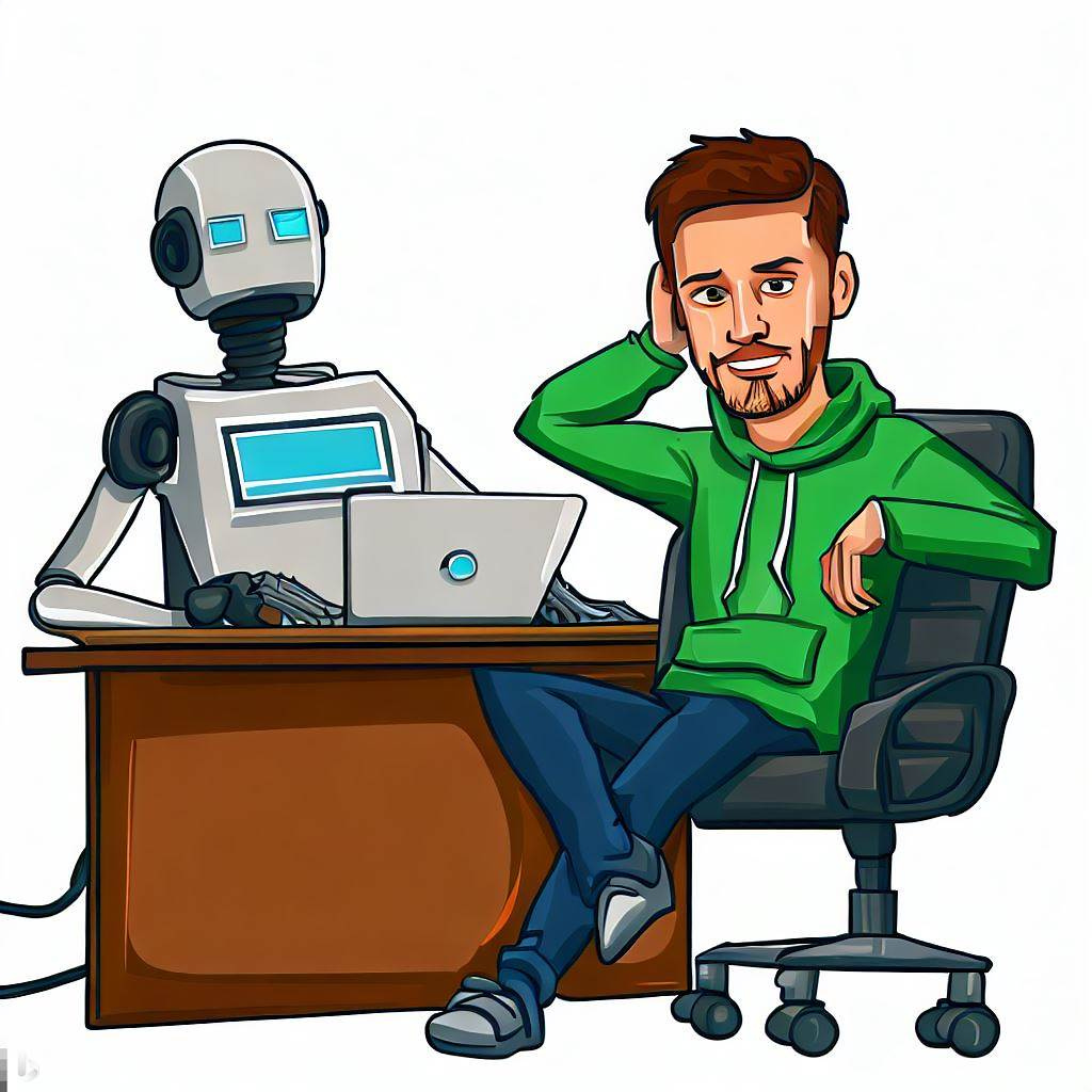 A cartoon of man in a green hoodie sitting at his desk while a robot does his work on a laptop