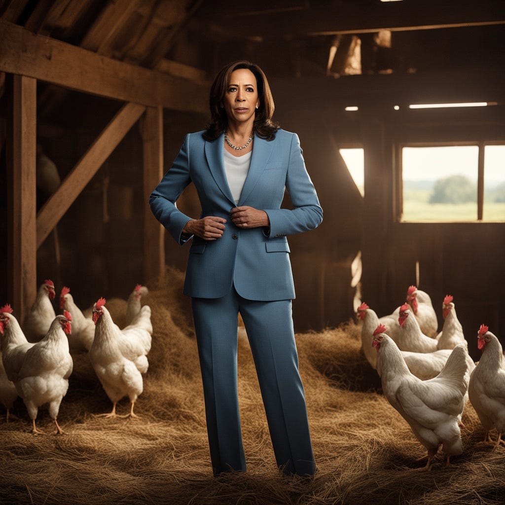 An AI-generated depiction of Kamala Harris standing in a barn surrounded by chickens. She looks unsettlingly different from the actual Kamala Harris.