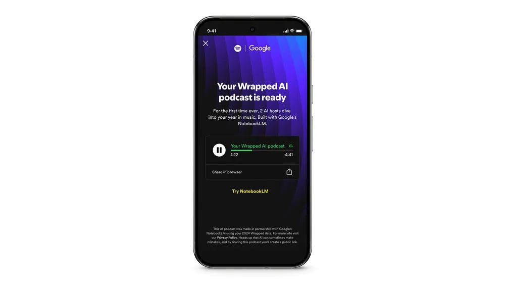 Smartphone mostrando a interface do usuário para o podcast Wrapped AI