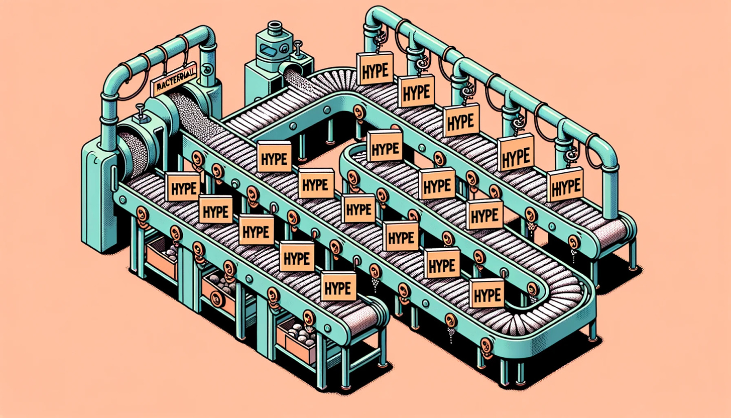 Illustration: A factory conveyor belt. At the start, raw materials are labeled 'ChatGPT Hype' producing identical articles. As it progresses, the items become more diverse, representing unique and practical ChatGPT uses.