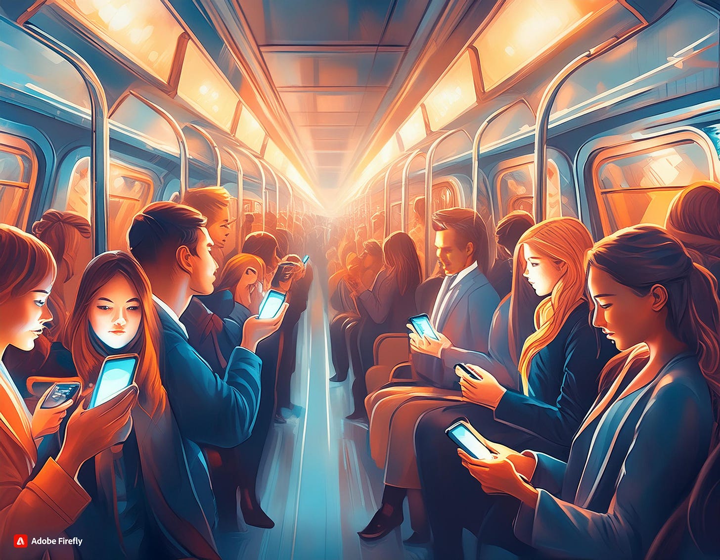 An illustration of a crowded subway train with passengers glued to their phones, faces illuminated by the screens.