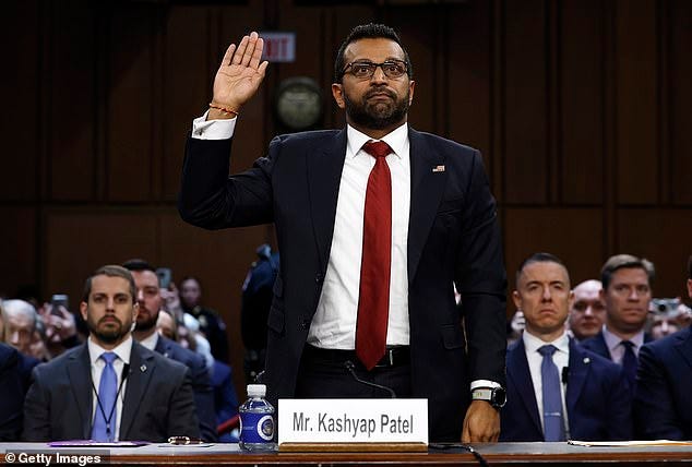 Patel being sworn in for his confirmation hearing before the Senate Judiciary Committee on January 30, 2025